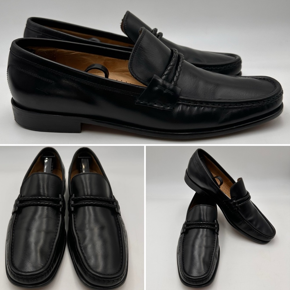 MENS BLACK LOAFERS SIZE 11.5 M BRAIDED BIT LEATHER MADE IN ITALY MOC TOE SLIP ON